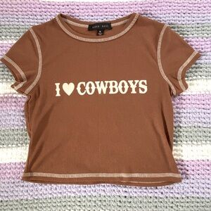 Brown Ribbed “I Love Cowboys” Crop Top